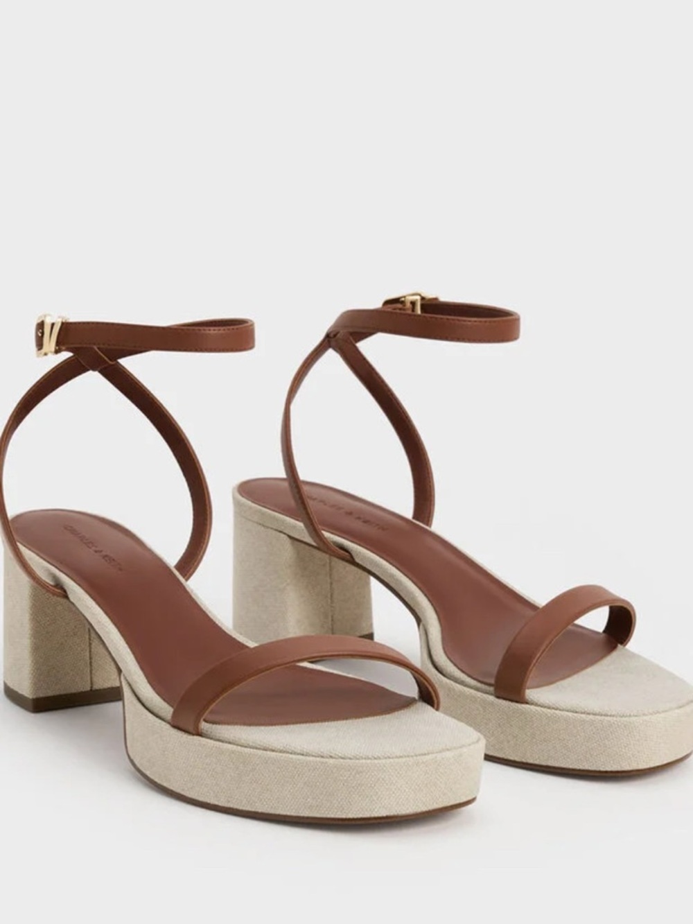 Charles & Keith Brown Leather Ankle-Strap Platform Sandals